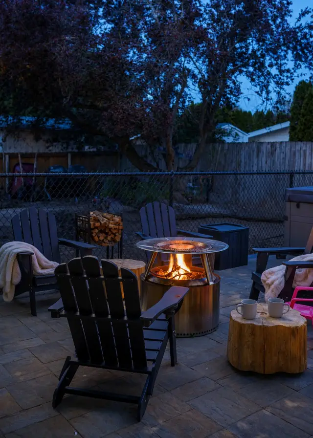 Firepit at night, firewood, kindling, s'mores, and blankets are supplied at Garden House, Coeur d'Alene Idaho