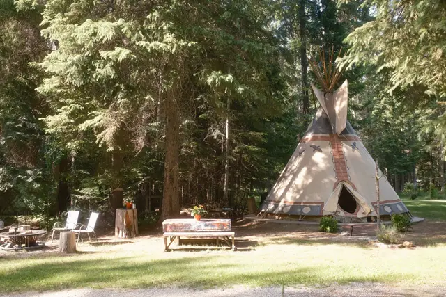 Tipi exterior surrounded by towering trees at Woodland Tipi, Sandpoint Idaho