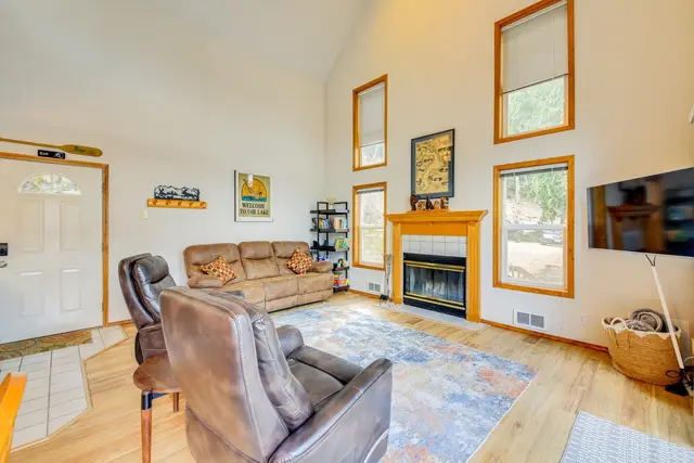 Living room on the main level at Bay-View Cabin, Bayview Idaho